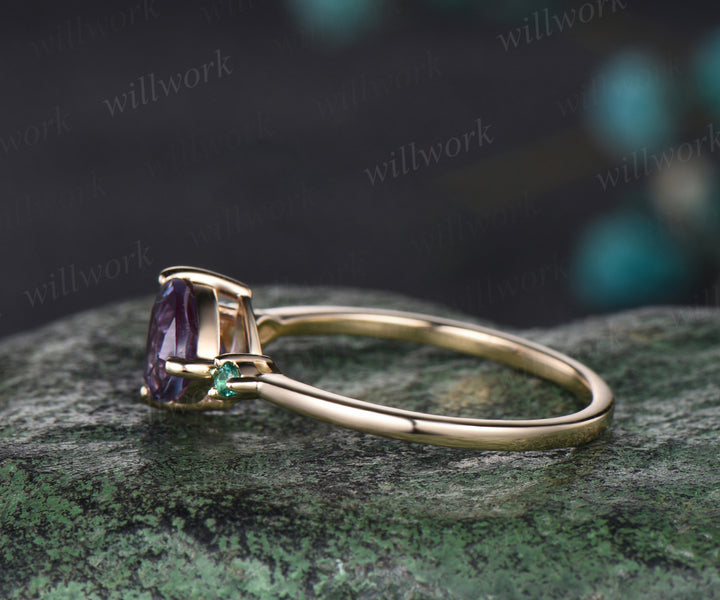 Delicate Trillion Cut Alexandrite Engagement Ring June Birthstone Five Stone Wedding Ring Art Deco Emerald Cluster Bridal Ring Gift For Women