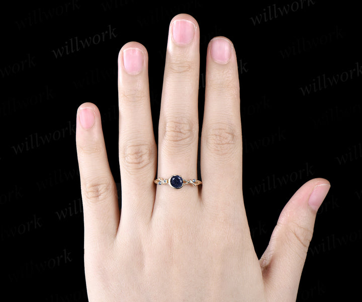 Galaxy Round Cut Blue Sandstone Engagement Ring June Birthstone Alexandrite Twisted Split Shank Ring Moon Star Wedding Ring Promise Jewelry