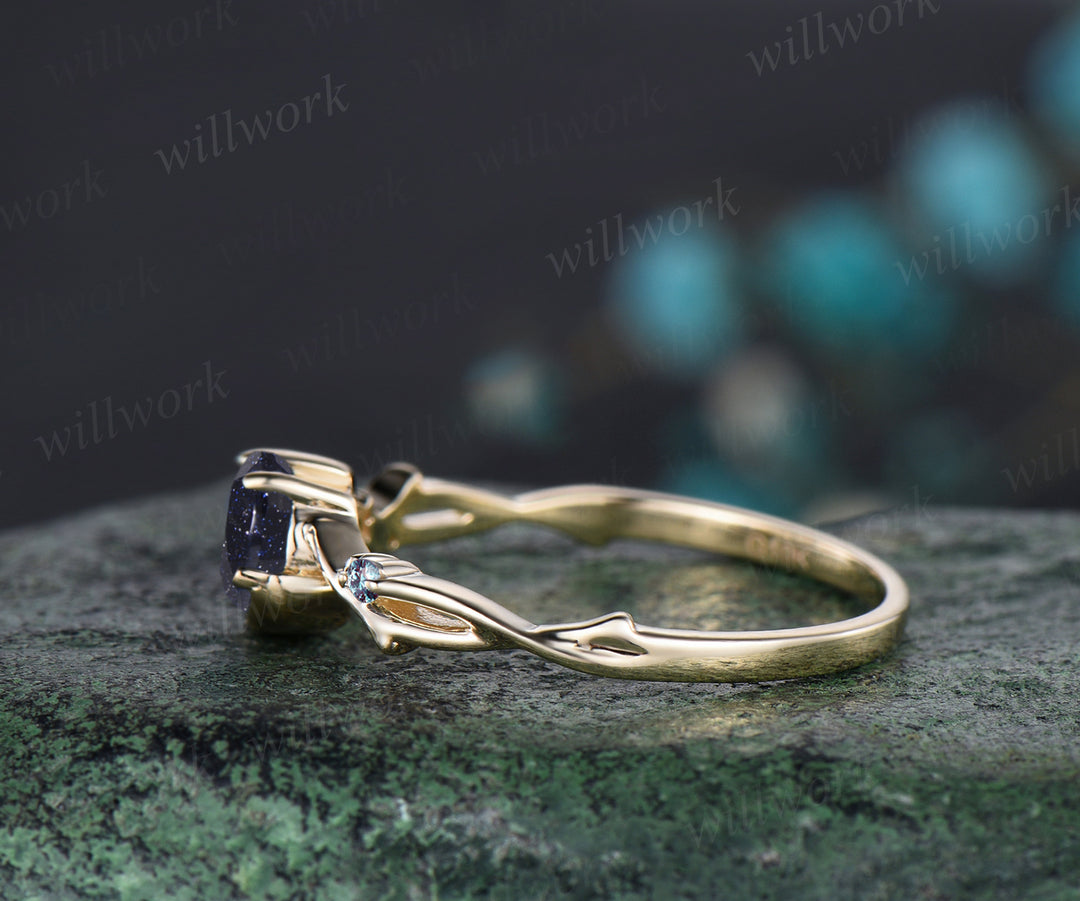 Galaxy Round Cut Blue Sandstone Engagement Ring June Birthstone Alexandrite Twisted Split Shank Ring Moon Star Wedding Ring Promise Jewelry
