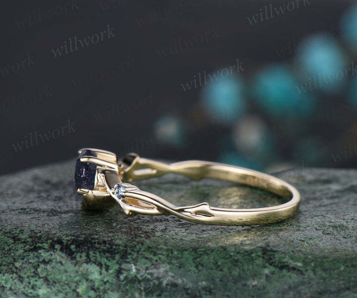 Galaxy Round Cut Blue Sandstone Engagement Ring June Birthstone Alexandrite Twisted Split Shank Ring Moon Star Wedding Ring Promise Jewelry