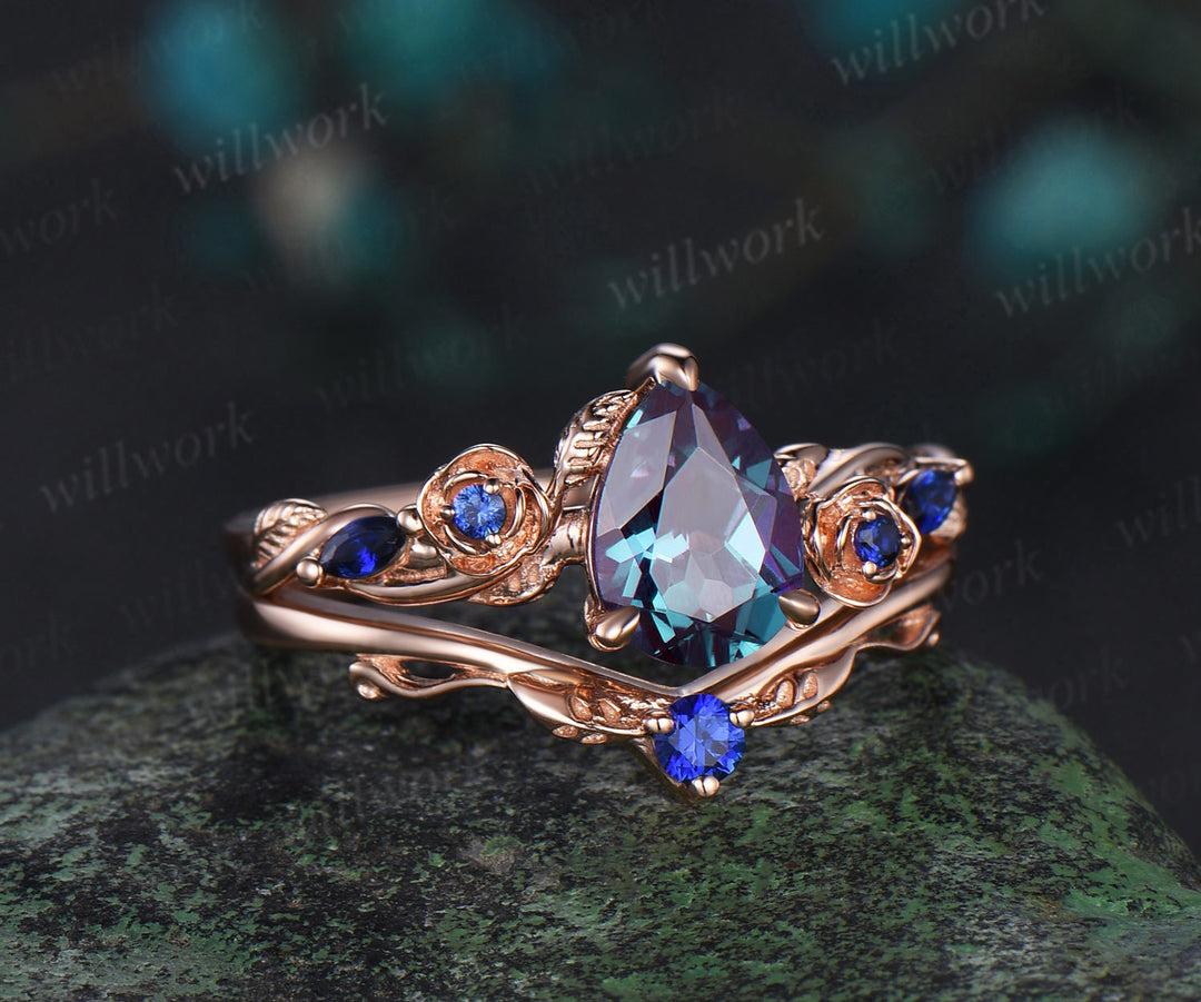 Pear shaped alexandrite engagement ring set rose gold leaf floral five stone sapphire wedding bridal ring set women