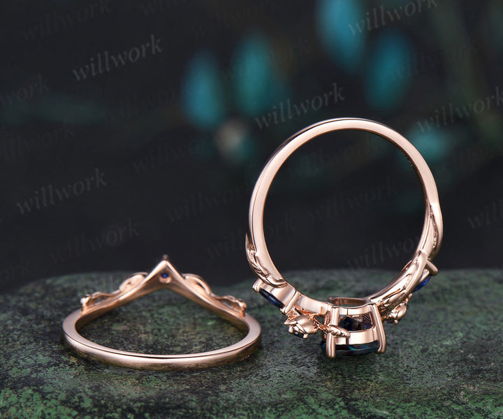 Pear shaped alexandrite engagement ring set rose gold leaf floral five stone sapphire wedding bridal ring set women
