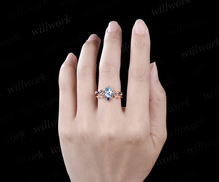 Pear shaped aquamarine engagement ring set rose gold March birthstone leaf floral flower sapphire bridal ring set women