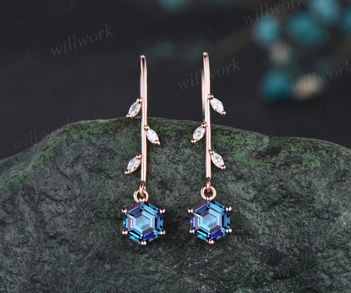 Delicate June Birthstone Alexandrite Drop Earrings Unique Color Change Stone Alexandrite Dangle Earrings 14k Rose Gold Alexandrite Earrings