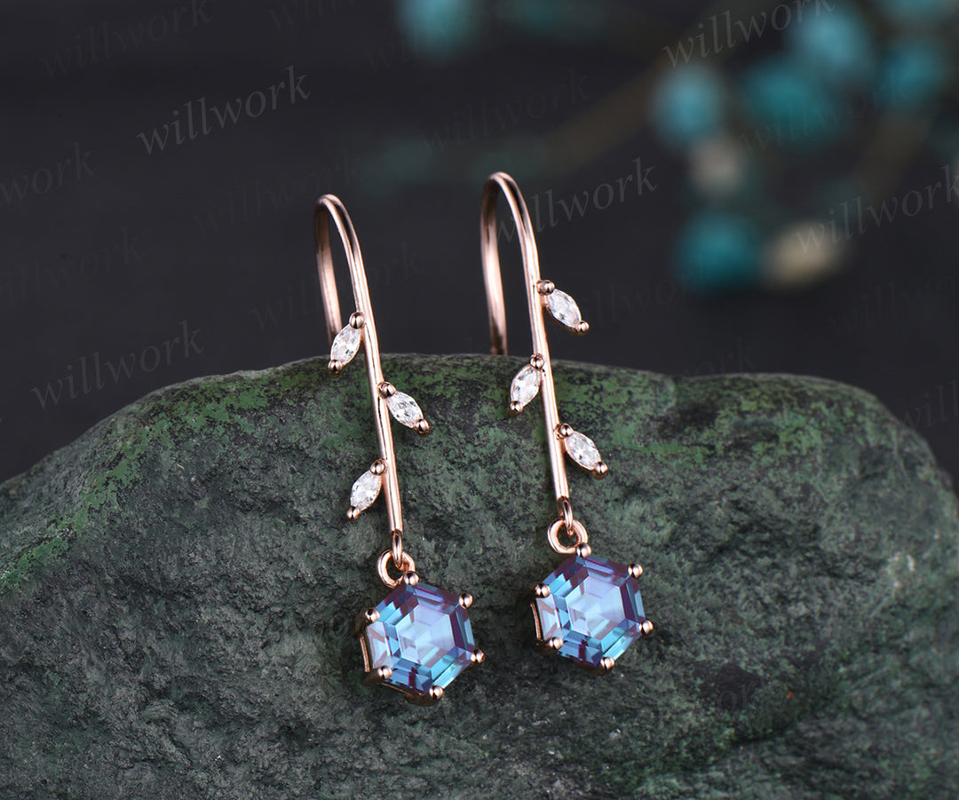 Delicate June Birthstone Alexandrite Drop Earrings Unique Color Change Stone Alexandrite Dangle Earrings 14k Rose Gold Alexandrite Earrings