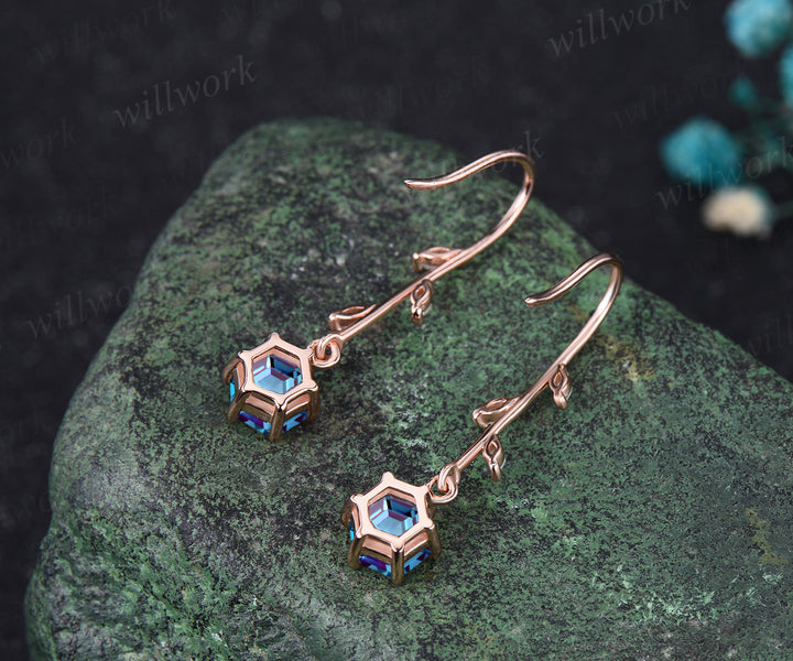 Delicate June Birthstone Alexandrite Drop Earrings Unique Color Change Stone Alexandrite Dangle Earrings 14k Rose Gold Alexandrite Earrings