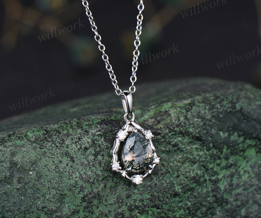 Vintage teardrop moss agate pendant necklace art deco moissanite diamonds halo pendant sterling silver necklace for women mother gifts