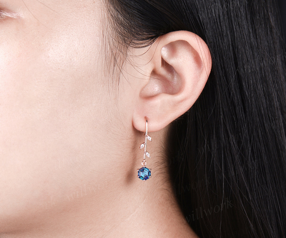 Delicate June Birthstone Alexandrite Drop Earrings Unique Color Change Stone Alexandrite Dangle Earrings 14k Rose Gold Alexandrite Earrings
