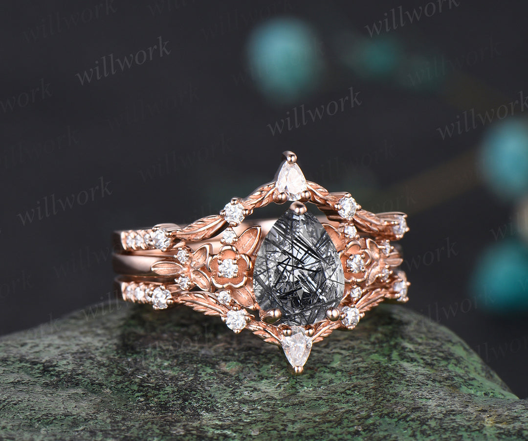 Unique Pear Cut Natural Black Rutilated Quartz Engagement Ring Set Moissanite Leaf Flower Floral Nature Inspired 3pcs Bridal Ring Set Gift For Women