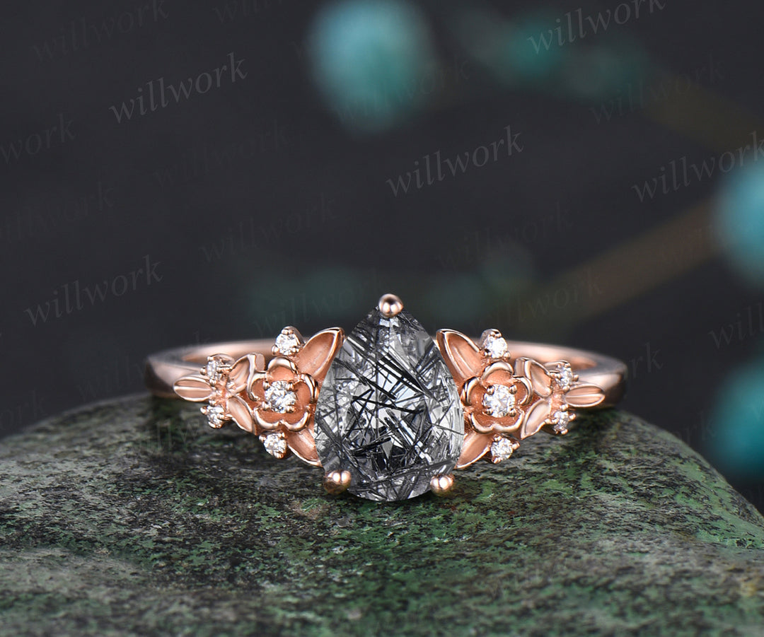 Unique Pear Cut Natural Black Rutilated Quartz Engagement Ring Set Moissanite Leaf Flower Floral Nature Inspired 3pcs Bridal Ring Set Gift For Women