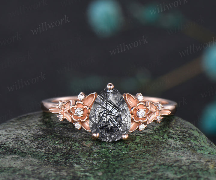 Unique Pear Cut Natural Black Rutilated Quartz Engagement Ring Set Moissanite Leaf Flower Floral Nature Inspired 3pcs Bridal Ring Set Gift For Women