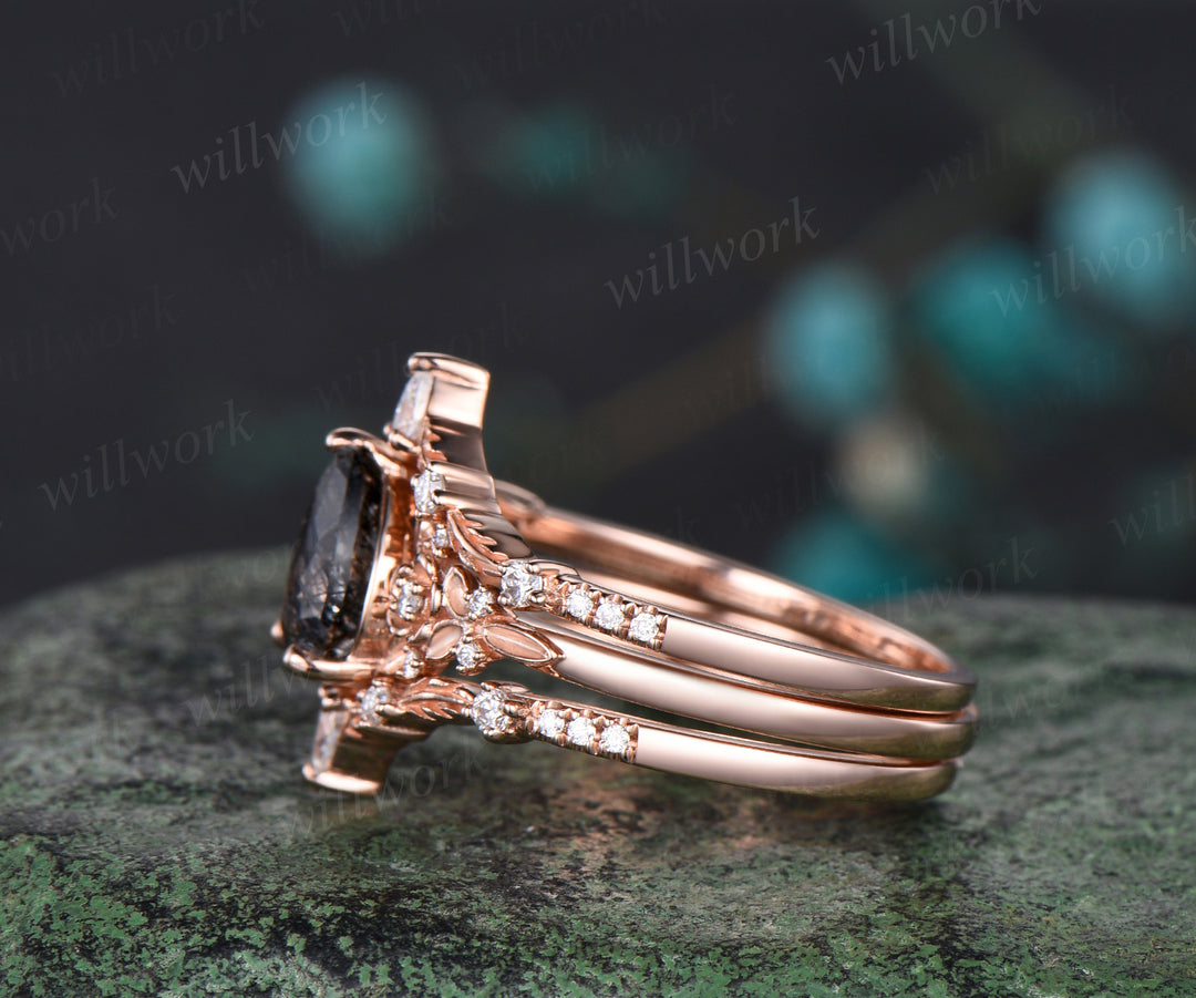 Unique Pear Cut Natural Black Rutilated Quartz Engagement Ring Set Moissanite Leaf Flower Floral Nature Inspired 3pcs Bridal Ring Set Gift For Women