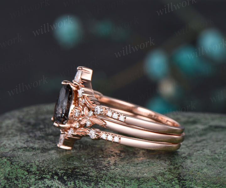 Unique Pear Cut Natural Black Rutilated Quartz Engagement Ring Set Moissanite Leaf Flower Floral Nature Inspired 3pcs Bridal Ring Set Gift For Women