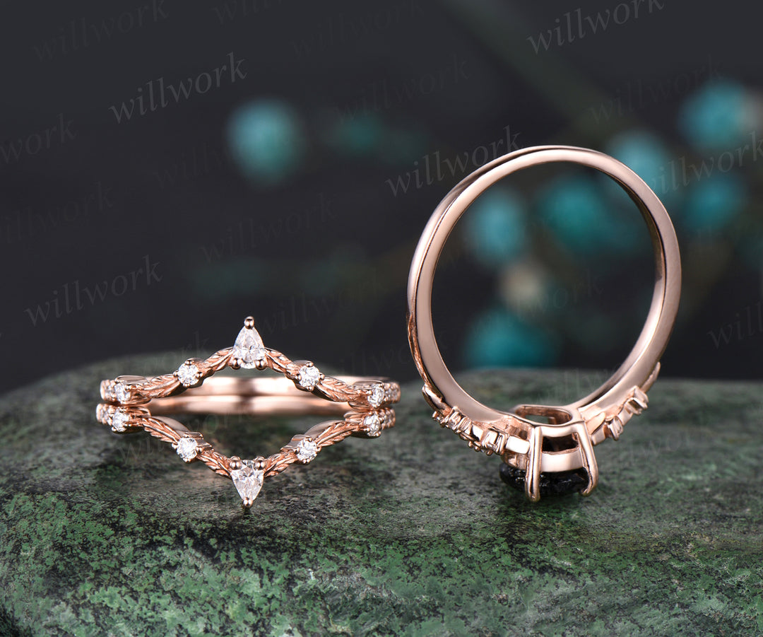 Unique Pear Cut Natural Black Rutilated Quartz Engagement Ring Set Moissanite Leaf Flower Floral Nature Inspired 3pcs Bridal Ring Set Gift For Women