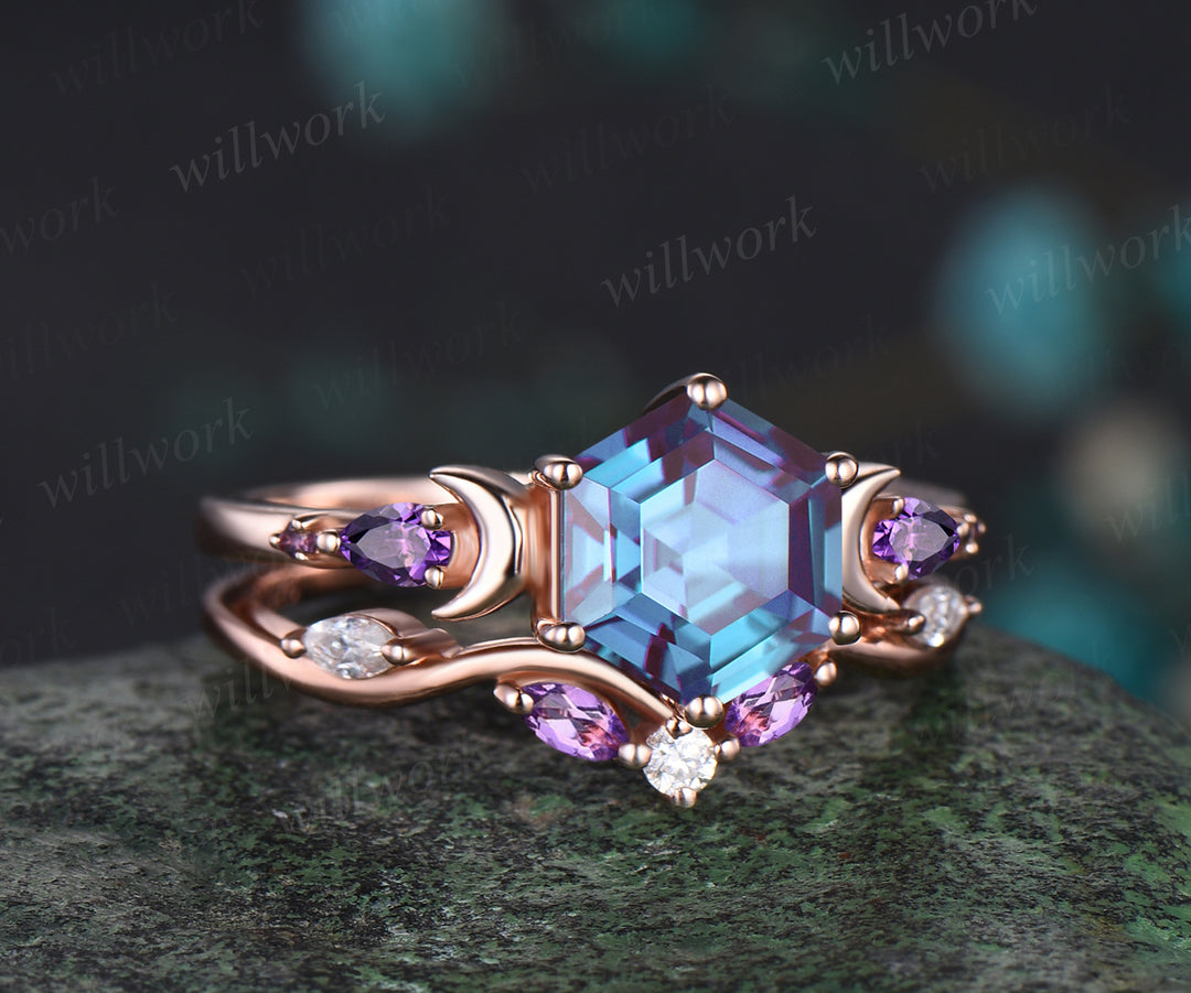 June Birthstone Hexagon Alexandrite Engagement Ring Set 14k Rose Gold Amethyst Moissanite Moon Wedding Ring Five Stone 2pcs Bridal Ring Set