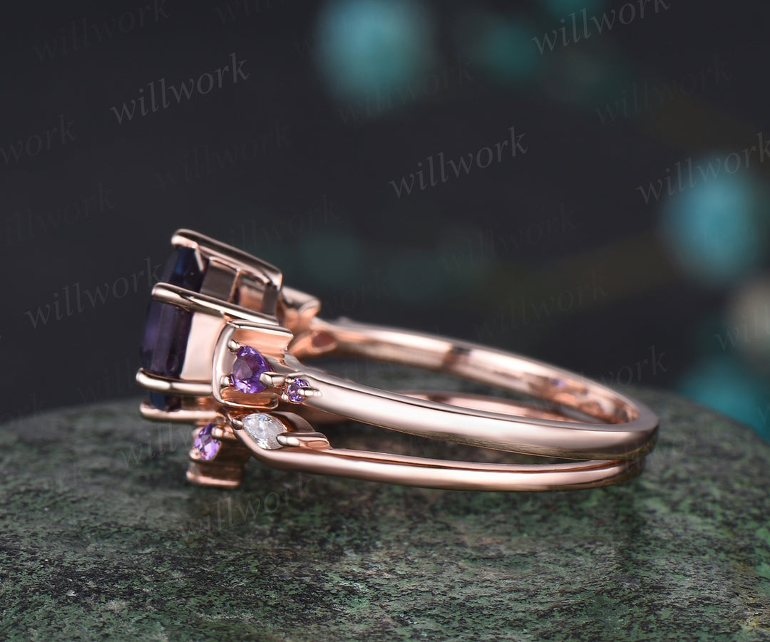 June Birthstone Hexagon Alexandrite Engagement Ring Set 14k Rose Gold Amethyst Moissanite Moon Wedding Ring Five Stone 2pcs Bridal Ring Set