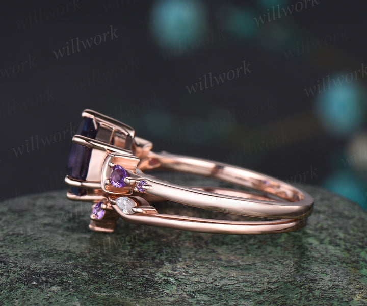 June Birthstone Hexagon Alexandrite Engagement Ring Set 14k Rose Gold Amethyst Moissanite Moon Wedding Ring Five Stone 2pcs Bridal Ring Set