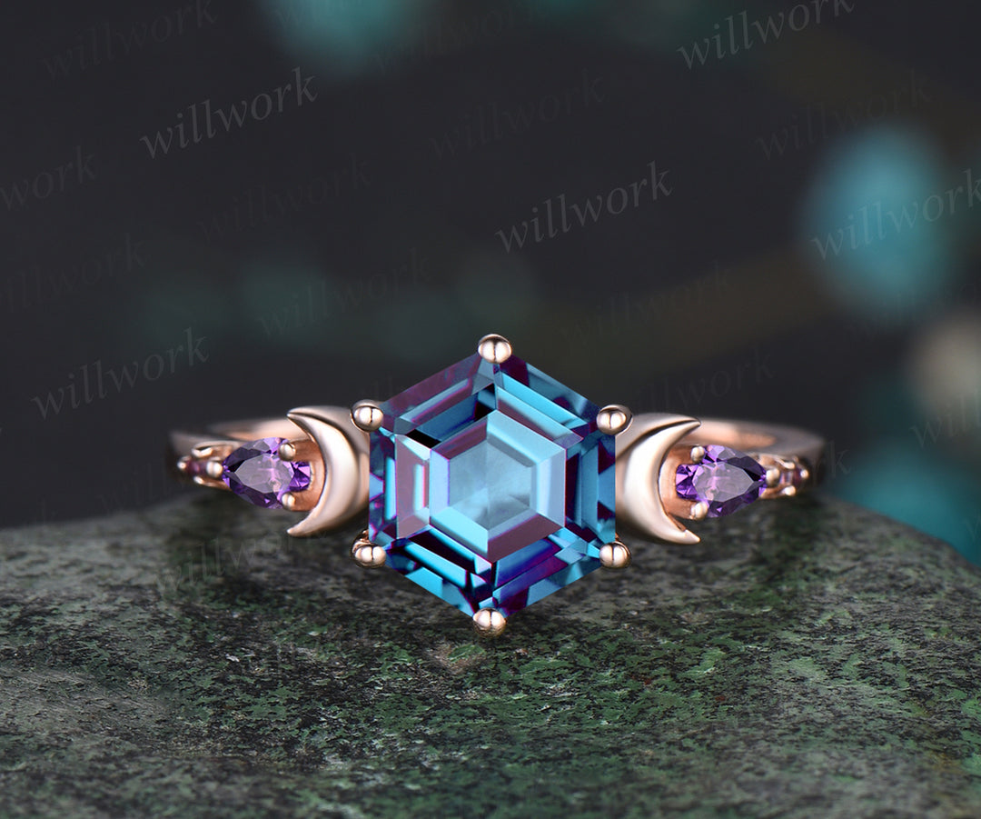 June Birthstone Hexagon Alexandrite Engagement Ring Set 14k Rose Gold Amethyst Moissanite Moon Wedding Ring Five Stone 2pcs Bridal Ring Set