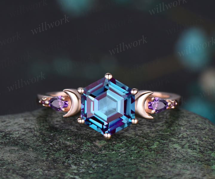 June Birthstone Hexagon Alexandrite Engagement Ring Set 14k Rose Gold Amethyst Moissanite Moon Wedding Ring Five Stone 2pcs Bridal Ring Set