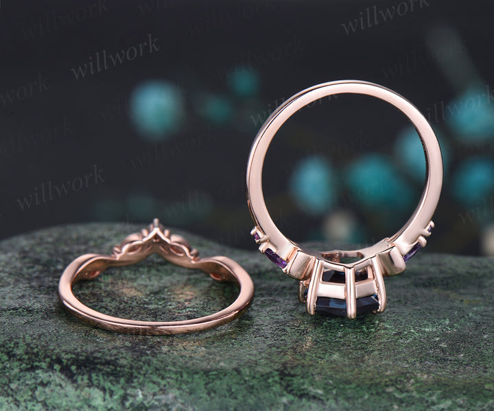 June Birthstone Hexagon Alexandrite Engagement Ring Set 14k Rose Gold Amethyst Moissanite Moon Wedding Ring Five Stone 2pcs Bridal Ring Set