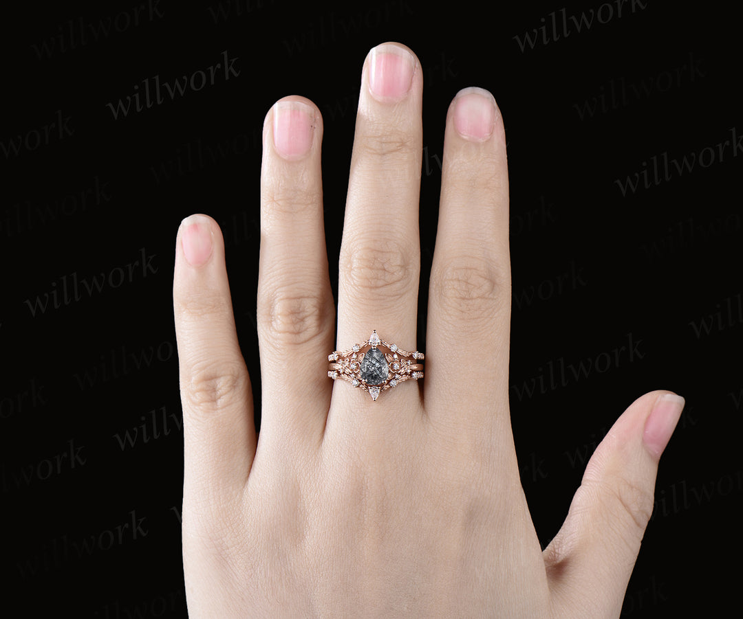 Unique Pear Cut Natural Black Rutilated Quartz Engagement Ring Set Moissanite Leaf Flower Floral Nature Inspired 3pcs Bridal Ring Set Gift For Women