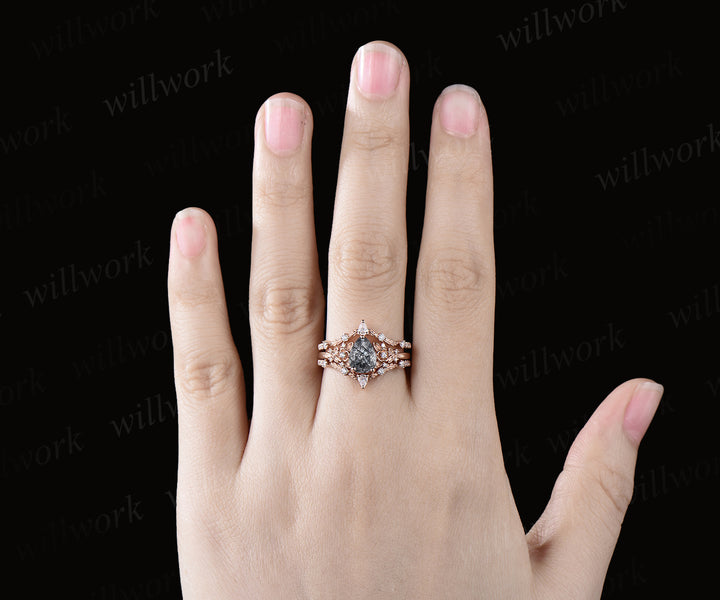 Unique Pear Cut Natural Black Rutilated Quartz Engagement Ring Set Moissanite Leaf Flower Floral Nature Inspired 3pcs Bridal Ring Set Gift For Women