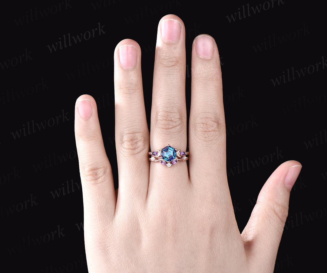June Birthstone Hexagon Alexandrite Engagement Ring Set 14k Rose Gold Amethyst Moissanite Moon Wedding Ring Five Stone 2pcs Bridal Ring Set