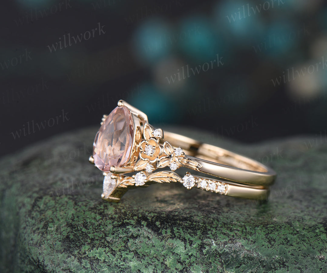 Vintage pear pink morganite engagement ring floral leaf diamond ring solid 14k  rose gold nature inspired bridal wedding ring set women