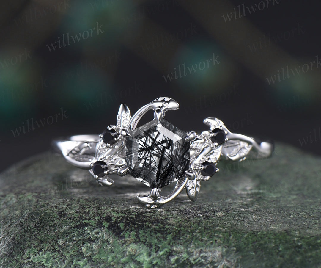 READY TO SHIP : Hexagon Black Rutilated Quartz Rings - Sterling Silver - Ring Size: 6.75 US