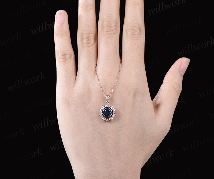 Unique Galaxy Blue Sandstone Necklace Minimalist Delicate Double Halo Moissanite Black Spinel Diamond Pendant 14k White Gold Healing Jewelry