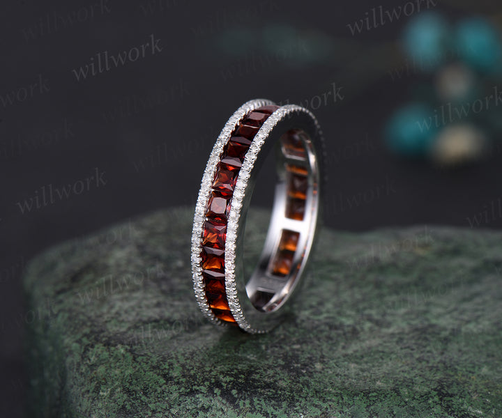 January Birthstone Princess Cut Natural Garnet Wedding Band Unique Moissanite Diamond Full Eternity Wedding Engagement Ring Birthday Gift