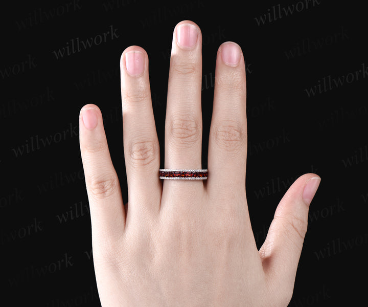 January Birthstone Princess Cut Natural Garnet Wedding Band Unique Moissanite Diamond Full Eternity Wedding Engagement Ring Birthday Gift