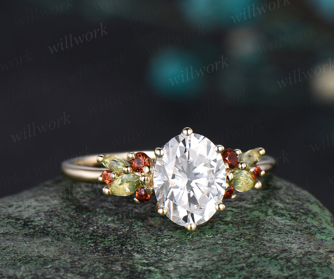 Vintage Oval Cut Moissanite Engagement Ring Natural Peridot Garnet Cluster Wedding Ring 14k Yellow Gold Custom Bridal Gift