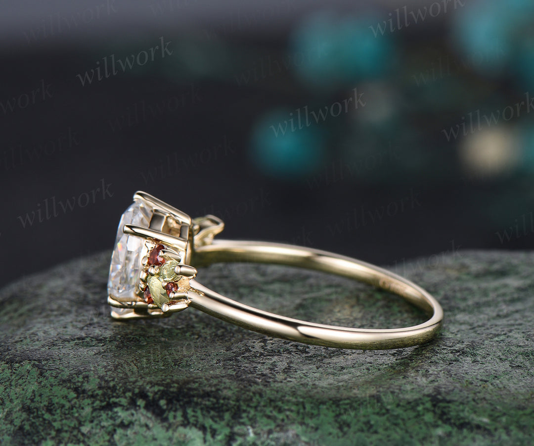 Vintage Oval Cut Moissanite Engagement Ring Natural Peridot Garnet Cluster Wedding Ring 14k Yellow Gold Custom Bridal Gift