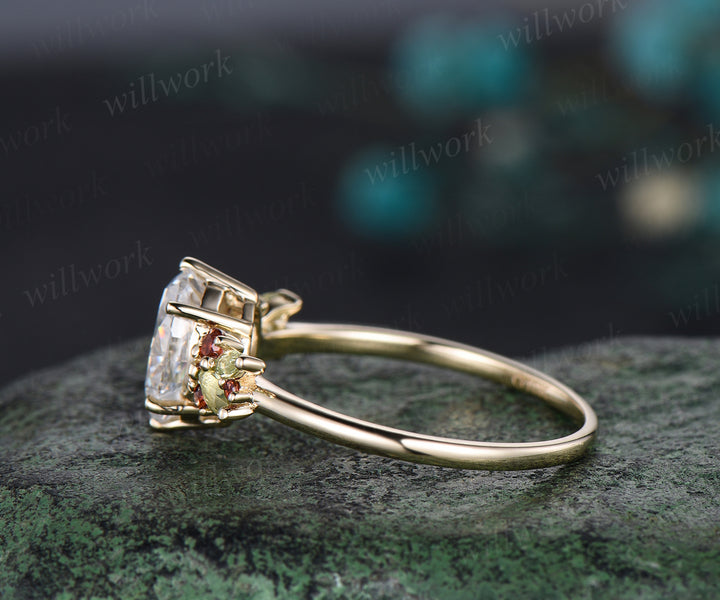 Vintage Oval Cut Moissanite Engagement Ring Natural Peridot Garnet Cluster Wedding Ring 14k Yellow Gold Custom Bridal Gift