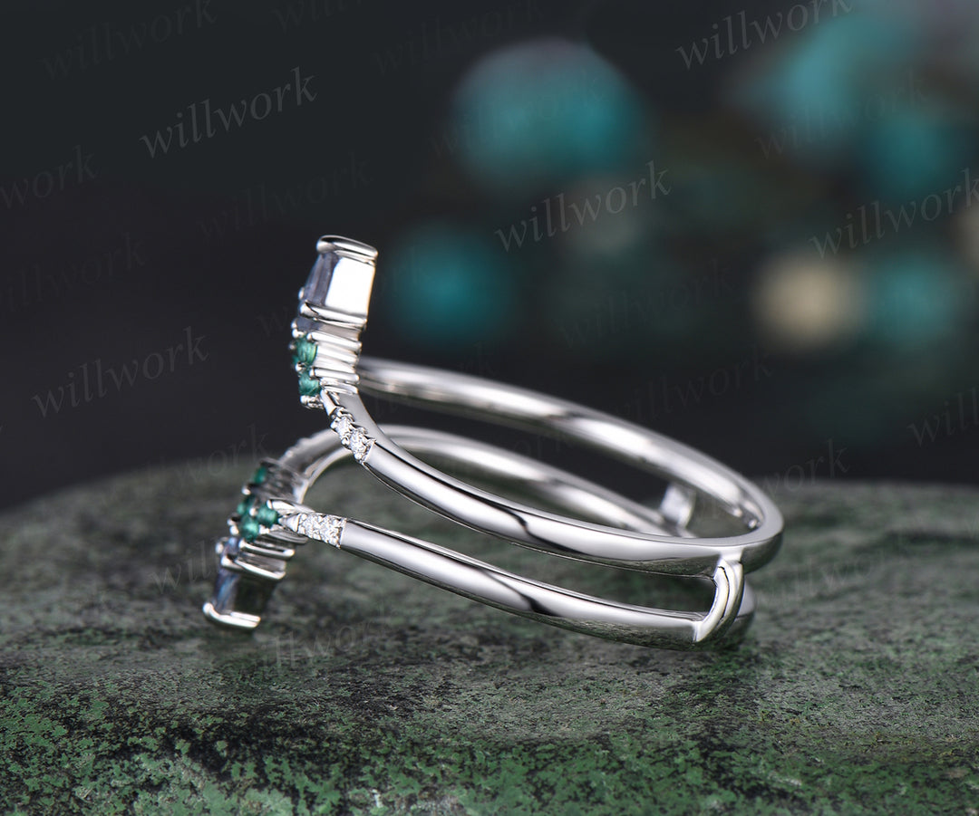 Unique Curved V Shaped Wedding Band Kite Alexandrite Round Emerald Moissanite Wedding Ring Art Deco 14k White Gold Anniversary Ring For Women