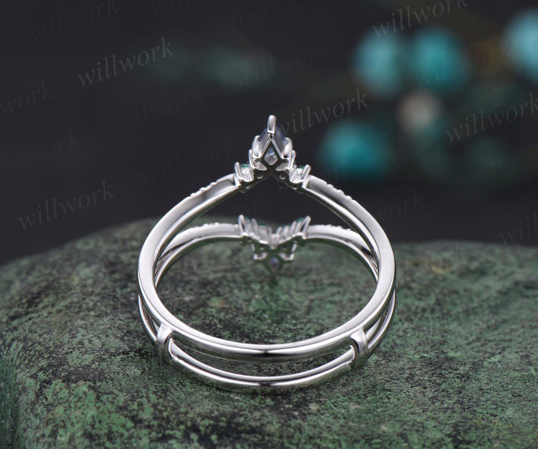 Unique Curved V Shaped Wedding Band Kite Alexandrite Round Emerald Moissanite Wedding Ring Art Deco 14k White Gold Anniversary Ring For Women