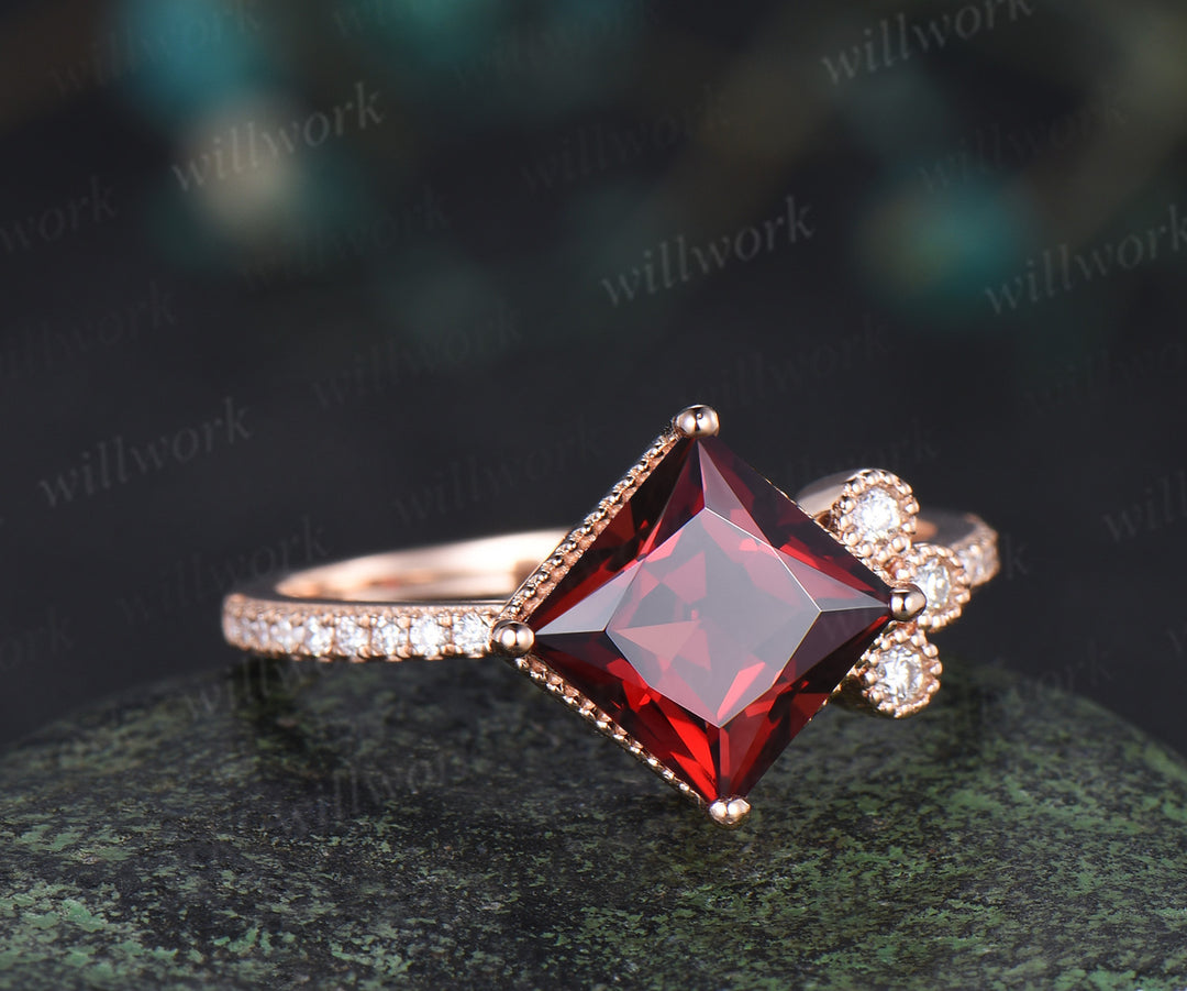 Solid rose gold ring unique vintage engagement ring 7mm princess cut garnet engagement ring diamond January birthstone ring anniversary gift
