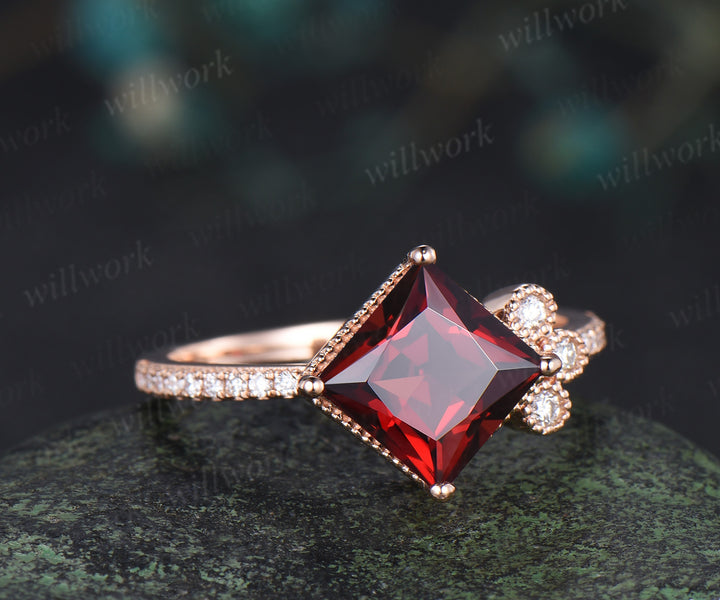 Solid rose gold ring unique vintage engagement ring 7mm princess cut garnet engagement ring diamond January birthstone ring anniversary gift