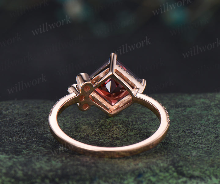 Solid rose gold ring unique vintage engagement ring 7mm princess cut garnet engagement ring diamond January birthstone ring anniversary gift