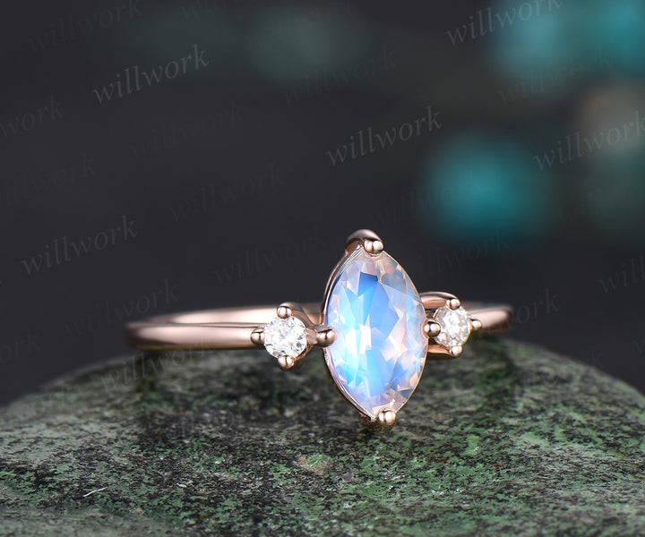 Art Deco Marquise Cut Natural Moonstone Engagement Ring 14k Rose Gold June Birthstone Blue Gemstone Three Stone Ring Birthday Jewelry Anniversary Gift