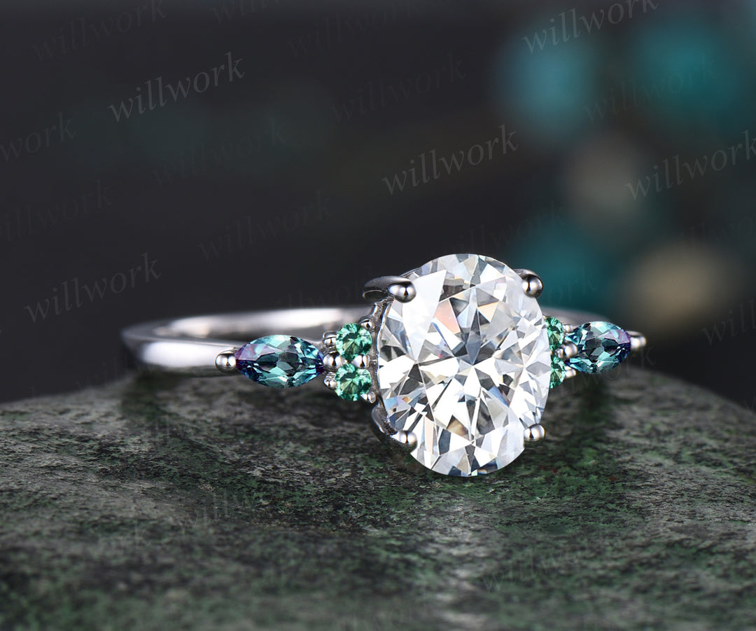 Unique Oval Cut Moissanite Engagement Ring 14k White Gold Emerald Alexandrite Wedding Ring Seven Stone Bridal Ring