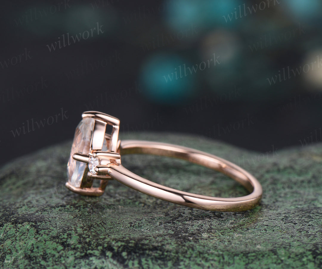 Art Deco Marquise Cut Natural Moonstone Engagement Ring 14k Rose Gold June Birthstone Blue Gemstone Three Stone Ring Birthday Jewelry Anniversary Gift