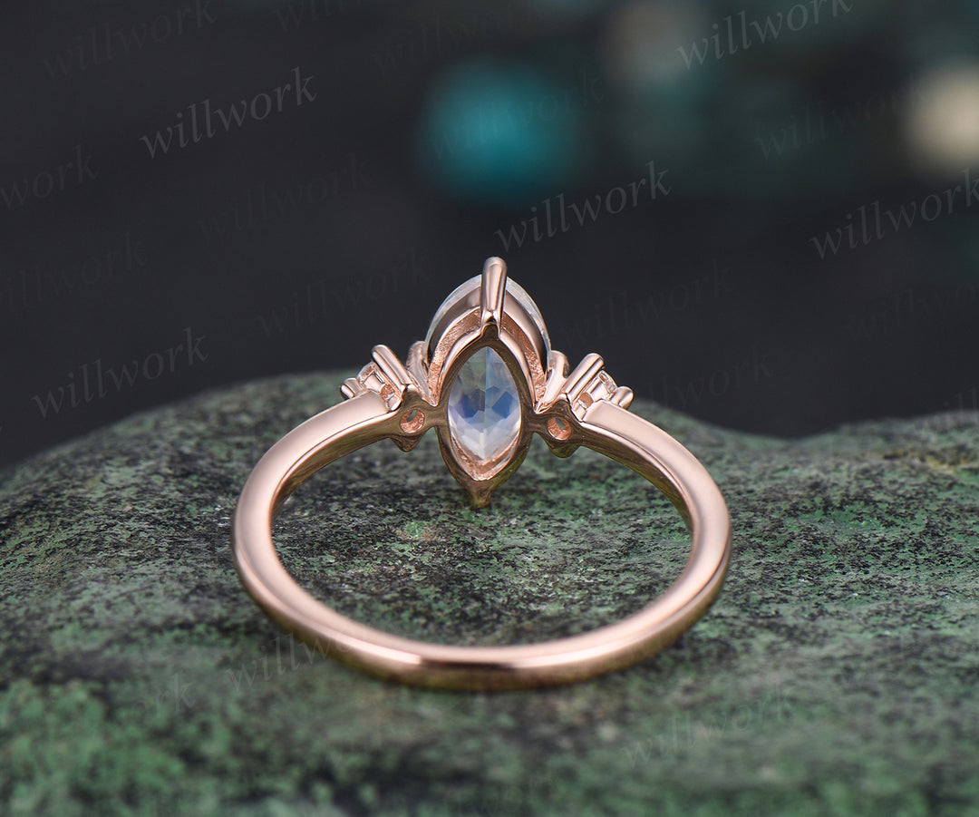 Art Deco Marquise Cut Natural Moonstone Engagement Ring 14k Rose Gold June Birthstone Blue Gemstone Three Stone Ring Birthday Jewelry Anniversary Gift