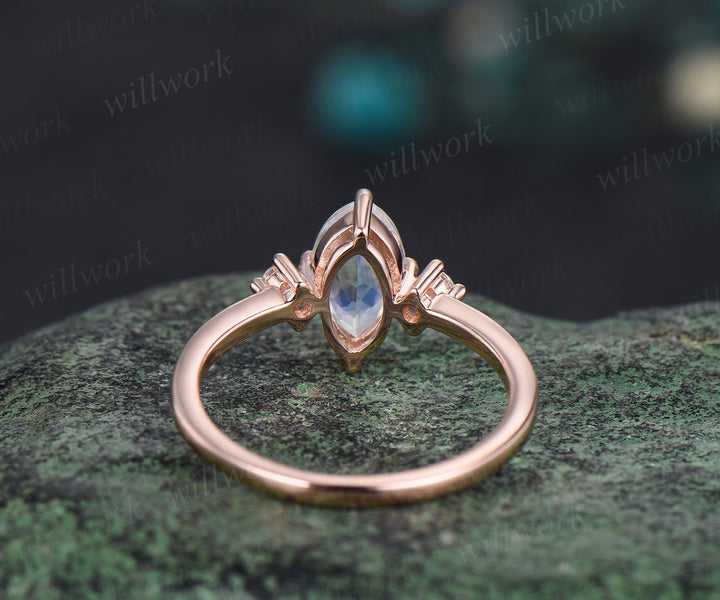 Art Deco Marquise Cut Natural Moonstone Engagement Ring 14k Rose Gold June Birthstone Blue Gemstone Three Stone Ring Birthday Jewelry Anniversary Gift