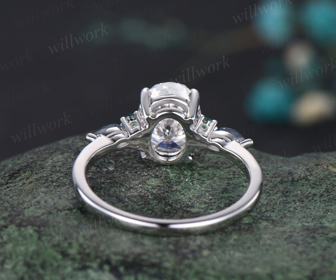 Unique Oval Cut Moissanite Engagement Ring 14k White Gold Emerald Alexandrite Wedding Ring Seven Stone Bridal Ring