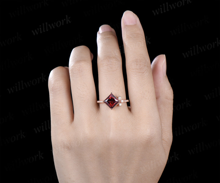 Solid rose gold ring unique vintage engagement ring 7mm princess cut garnet engagement ring diamond January birthstone ring anniversary gift