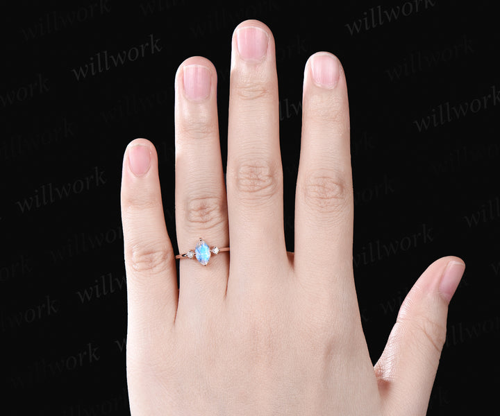 Art Deco Marquise Cut Natural Moonstone Engagement Ring 14k Rose Gold June Birthstone Blue Gemstone Three Stone Ring Birthday Jewelry Anniversary Gift