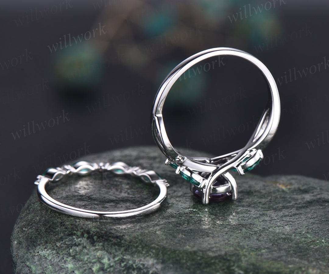 June Birthstone Round Cut Alexandrite Engagement Ring Set Unique Twisted Split Shank Ring Art Deco Moissanite Emerald 2pcs Bridal Ring Set Women