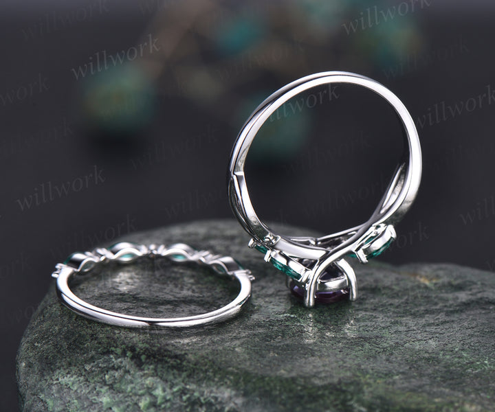 June Birthstone Round Cut Alexandrite Engagement Ring Set Unique Twisted Split Shank Ring Art Deco Moissanite Emerald 2pcs Bridal Ring Set Women